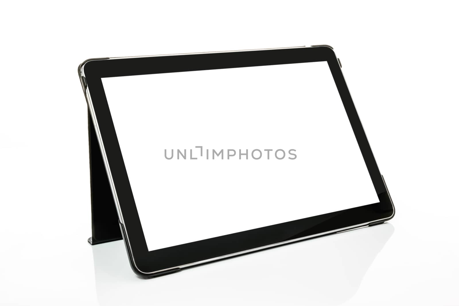 Mock-up with a modern black silver digital tablet in perspective isolated on a white background