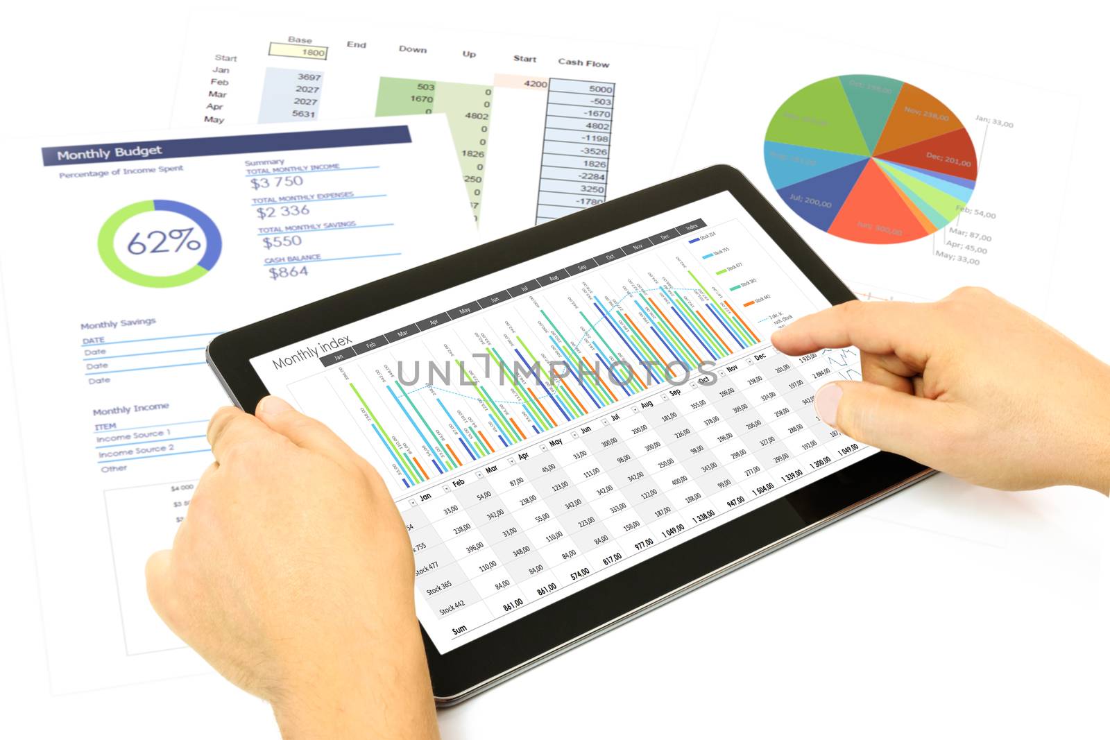 Composite image of businessman analyzing investment charts on the digital tablet at the office.