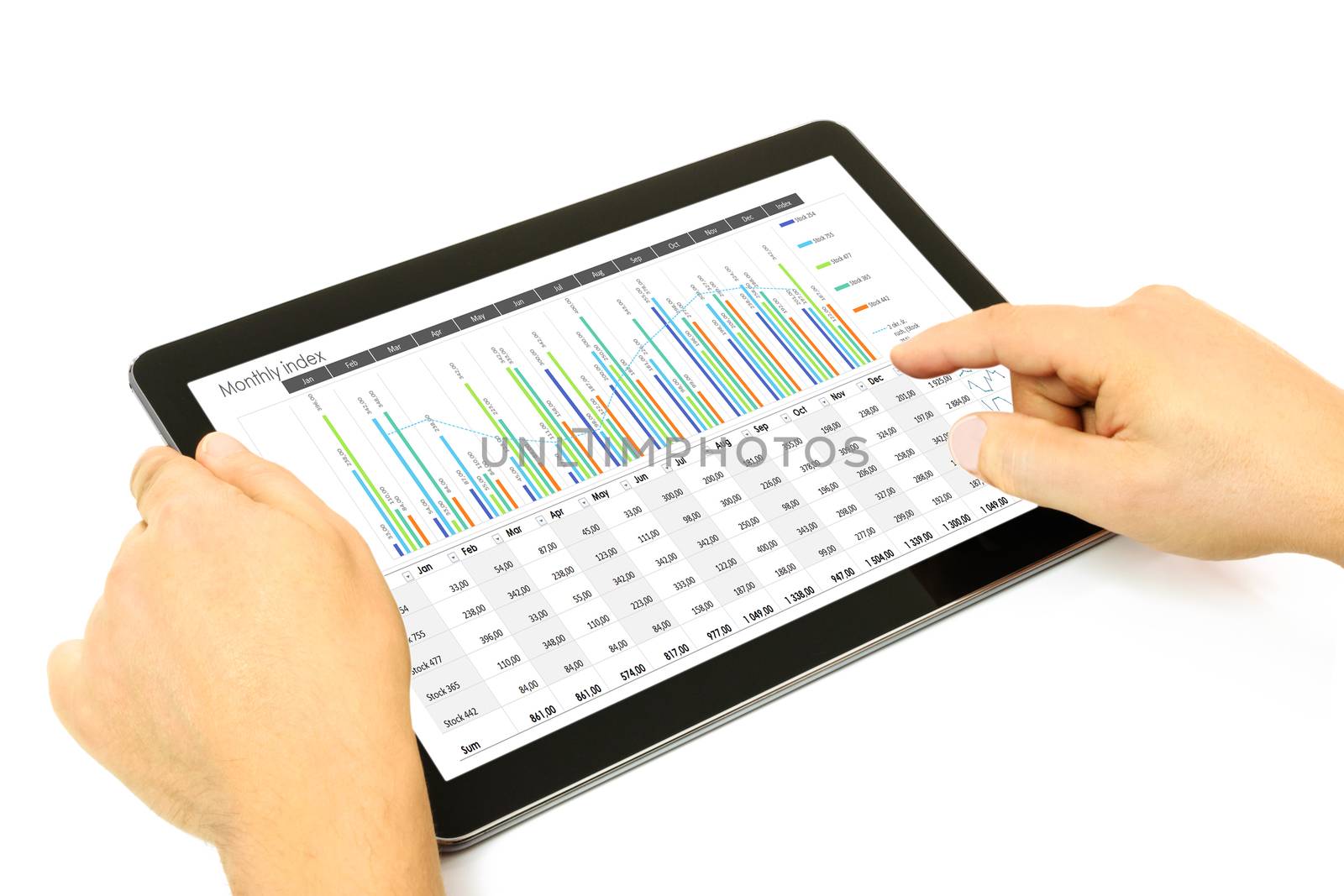 Composite image of businessman analyzing investment charts on the digital tablet isolated on the white background