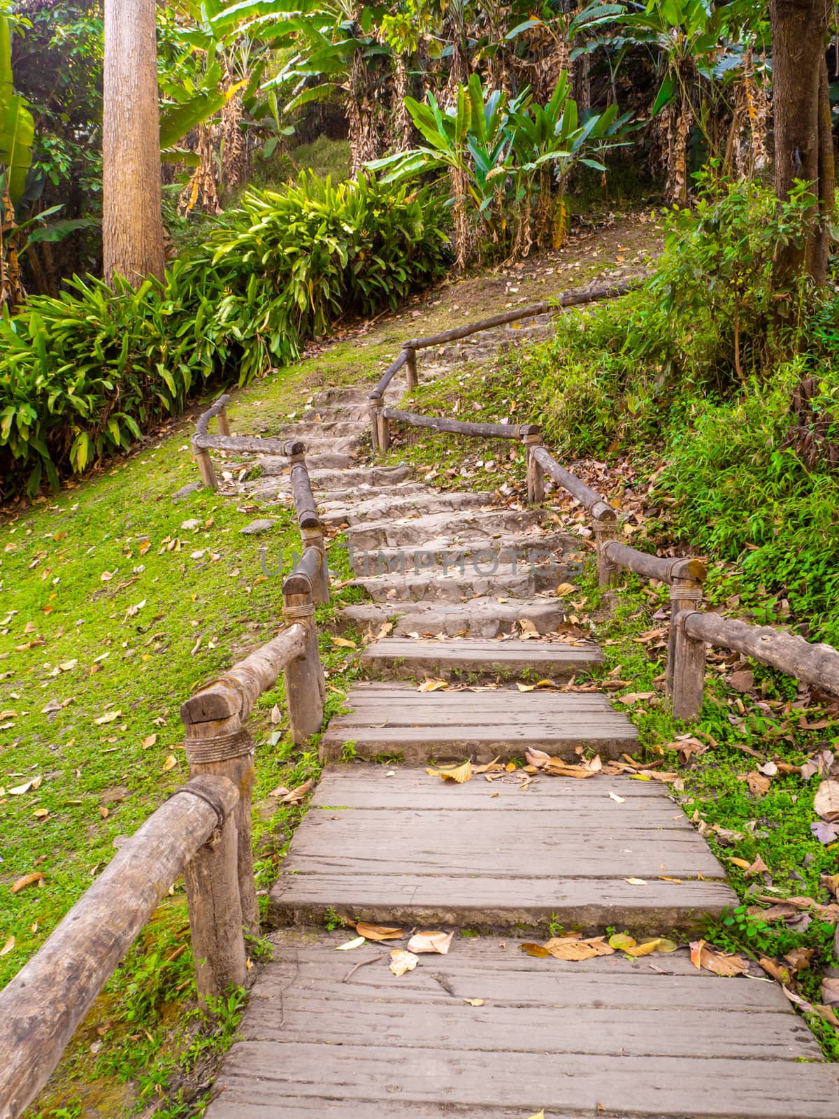 Old stone staircase, walkway steps on the mountain trail.