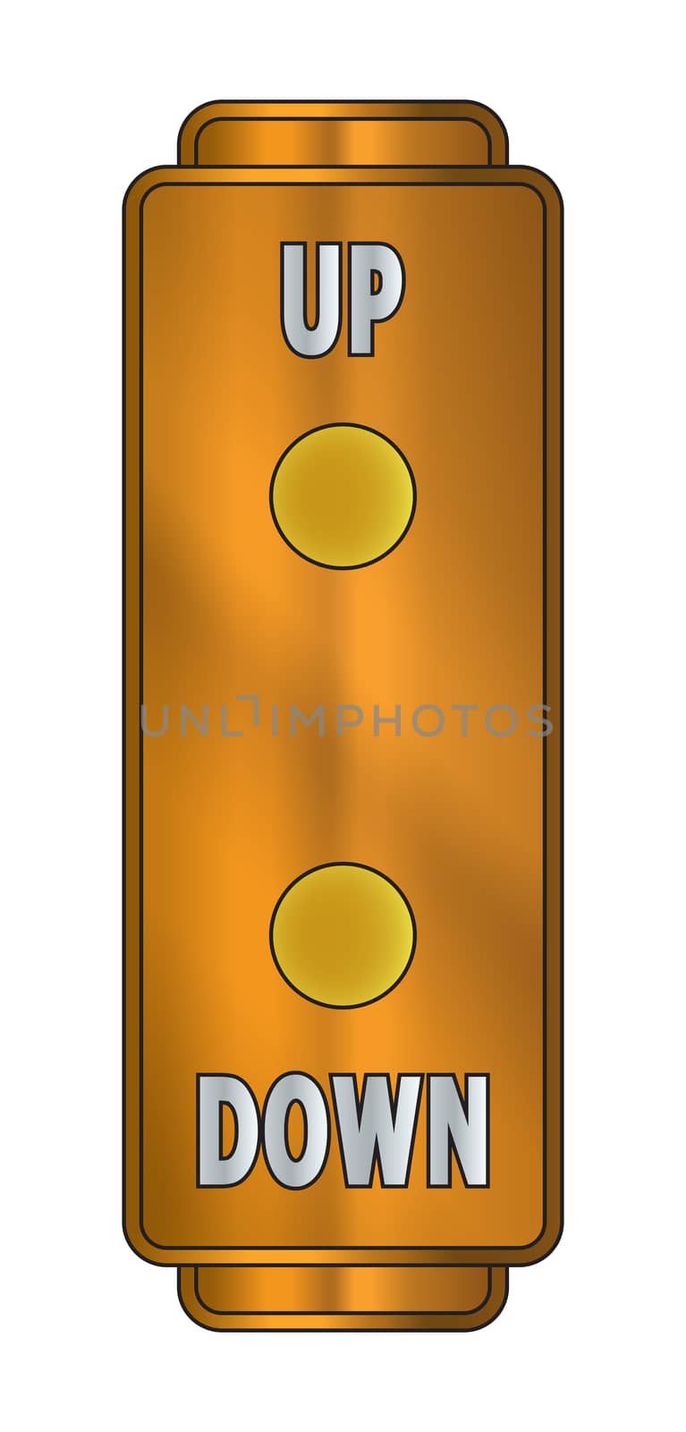 Old style elevator up and sown buttons in metal isolated on a white background