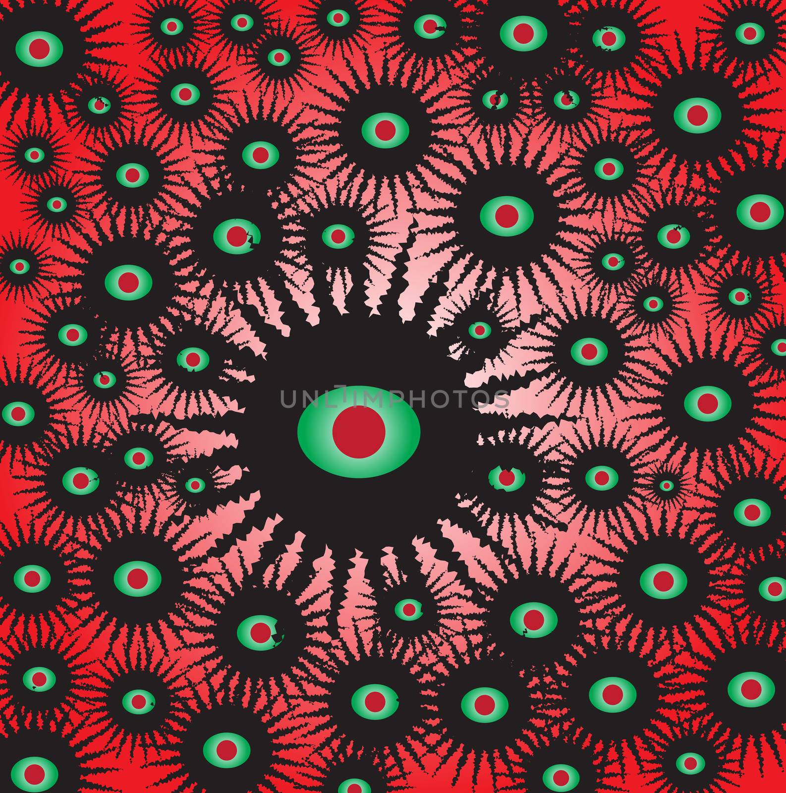 The viral swarm of Covid 19 with large eyes isolated over a red background