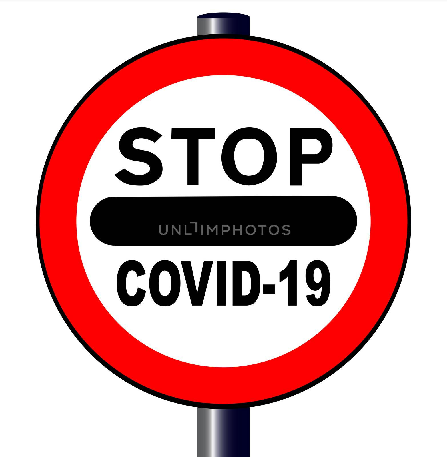 A large stop Covid-19 sign isolated over a white background