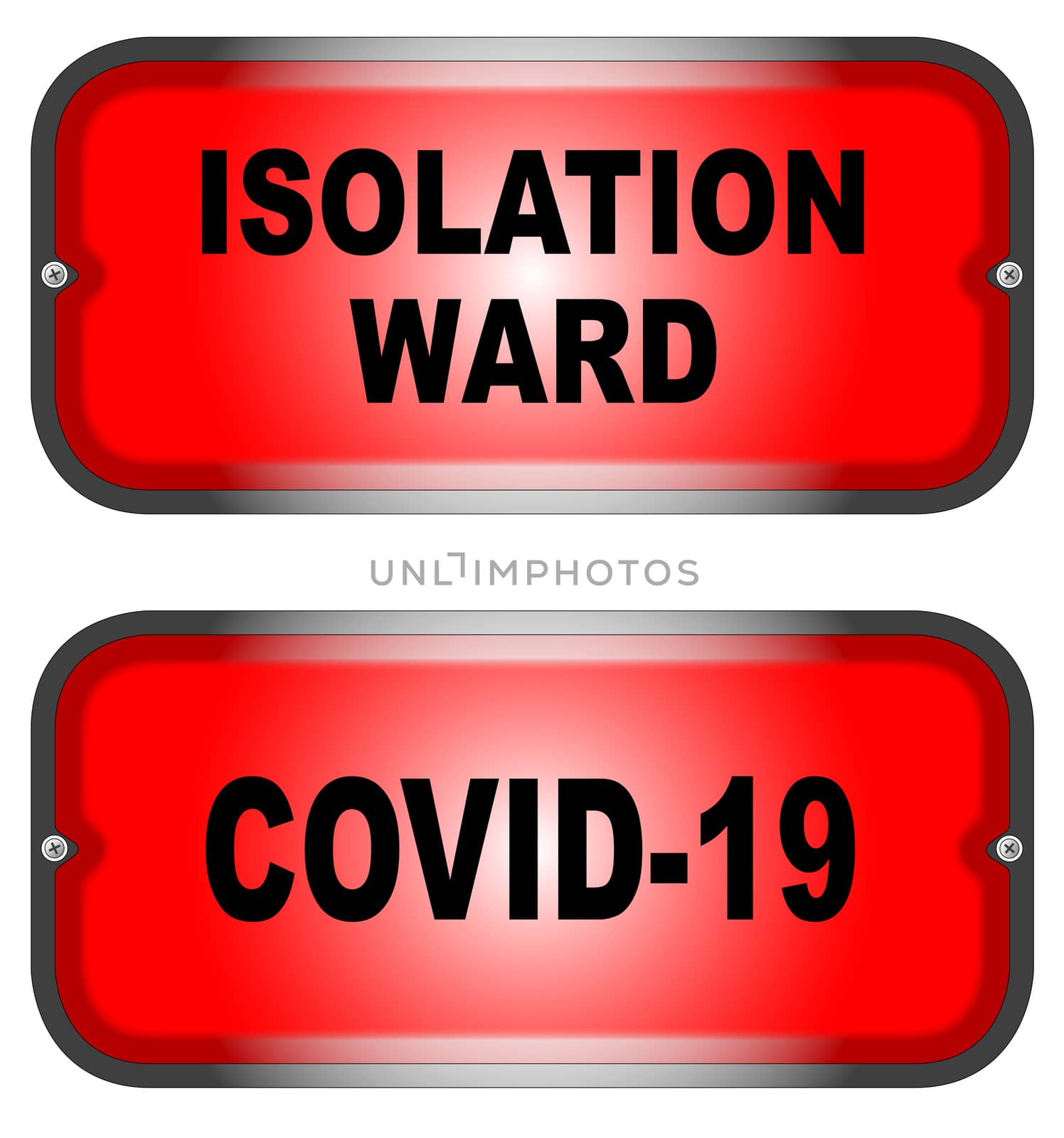 Two warning lights, one for a Covid-19 and the other for Isolation Ward over a white background