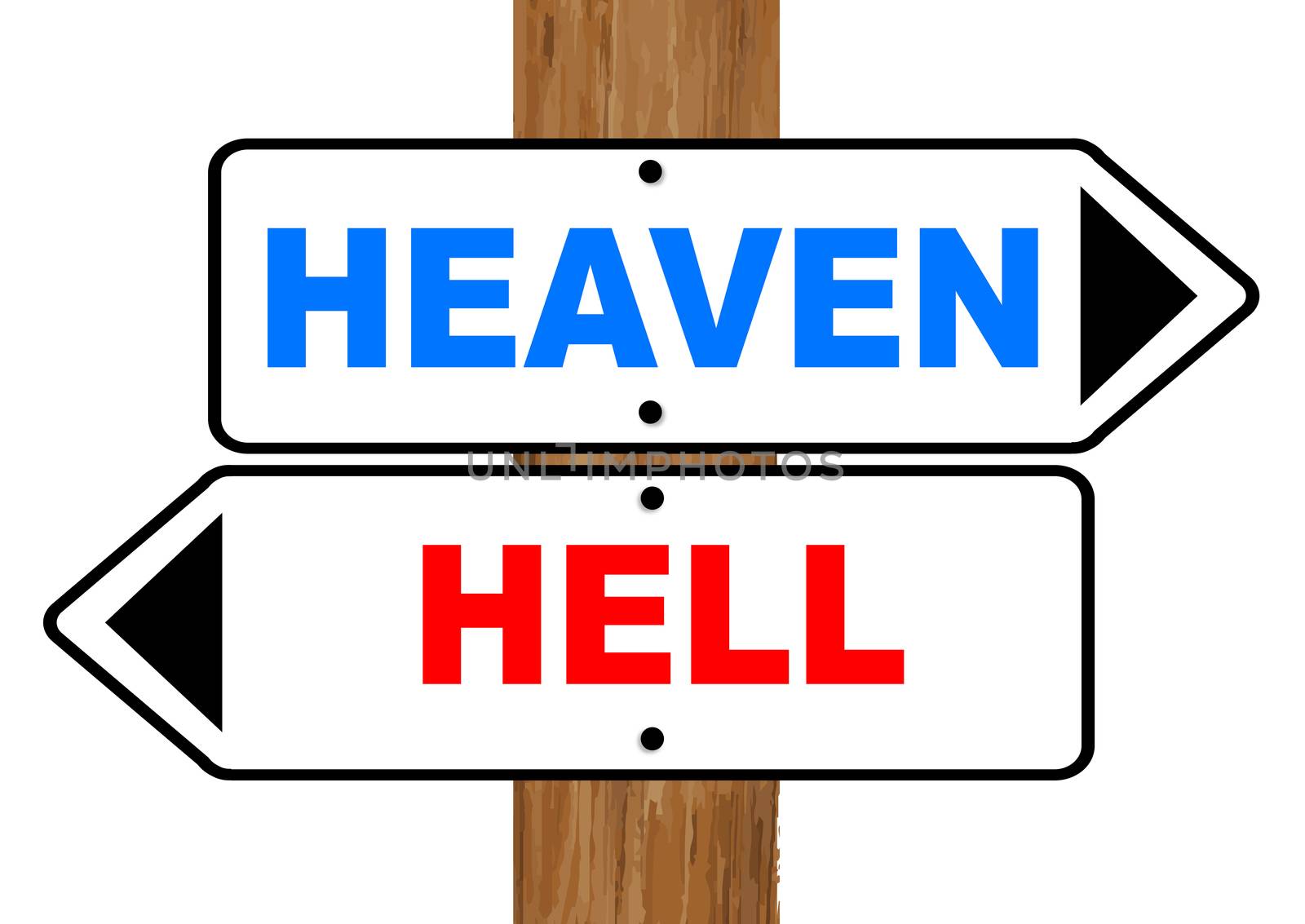 Heaven and Hell signs with red and blue text fixed to a wooden pole over a white background