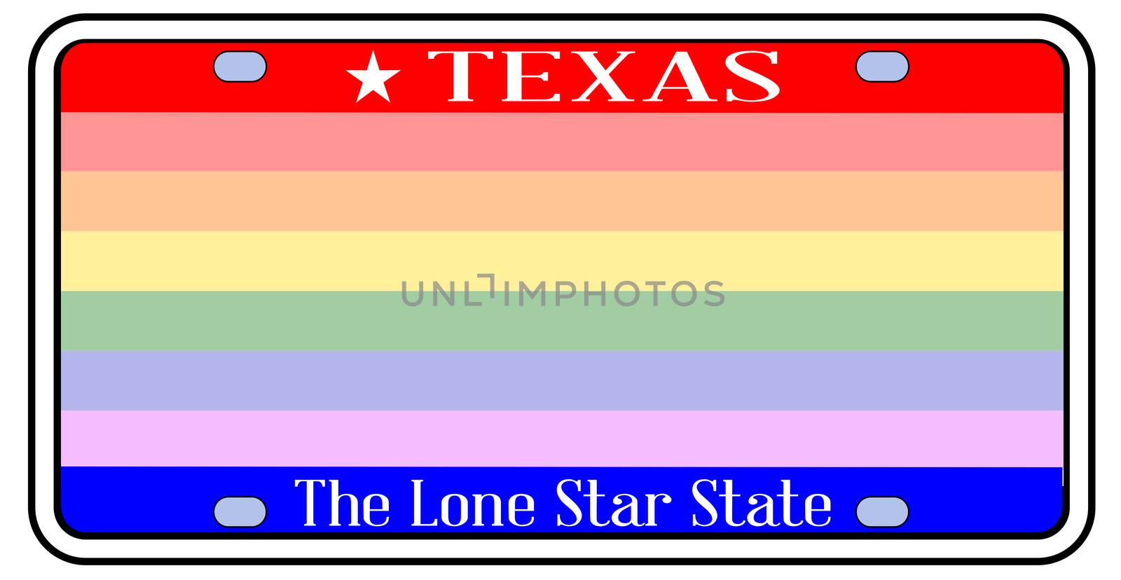 Blank Texas state license plate in the colors of the state flag with LGBT rainbow over a white background