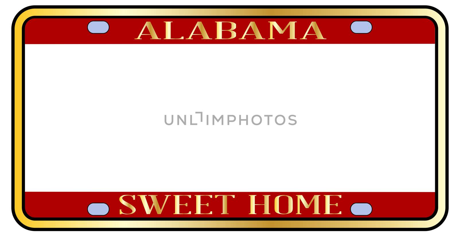 Blank Alabama state license plate in the colors of the state flag over a white background