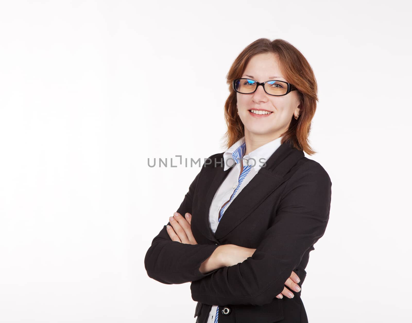 portrait of young pretty smiling business woman in black suit and glasses closeup