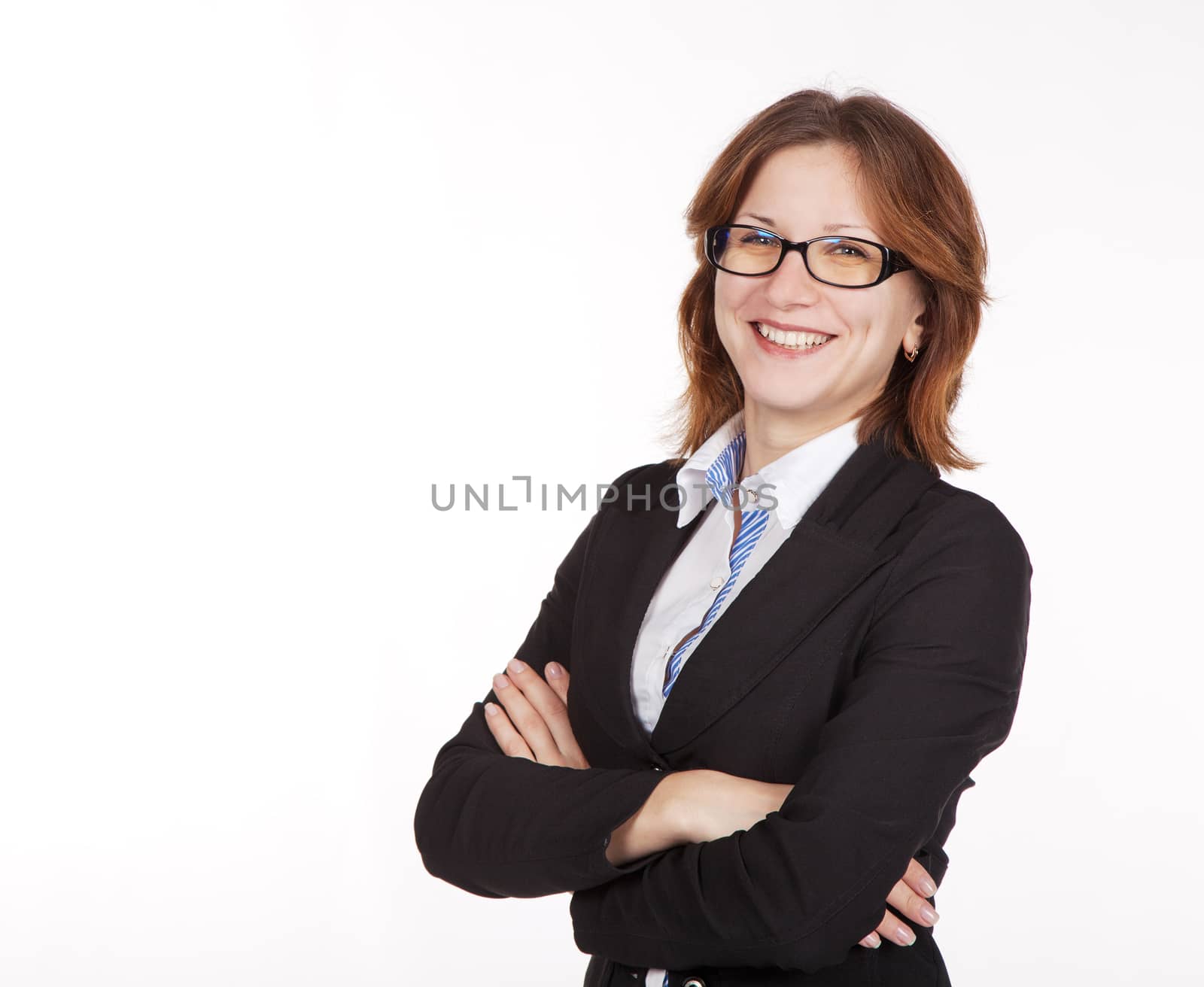 portrait of young pretty smiling business woman in black suit and glasses closeup