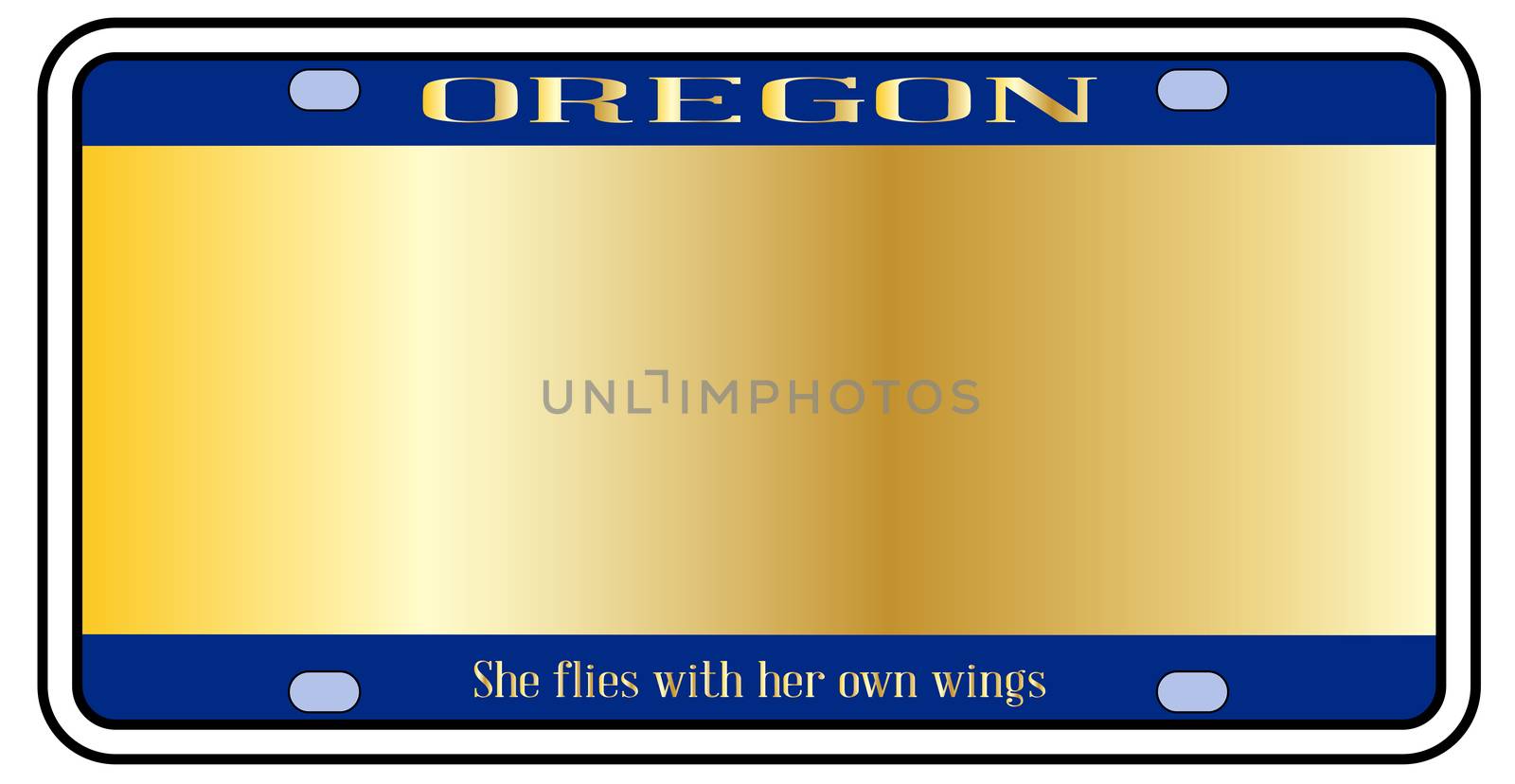Blank Oregon state license plate in the colors of the state flag over a white background
