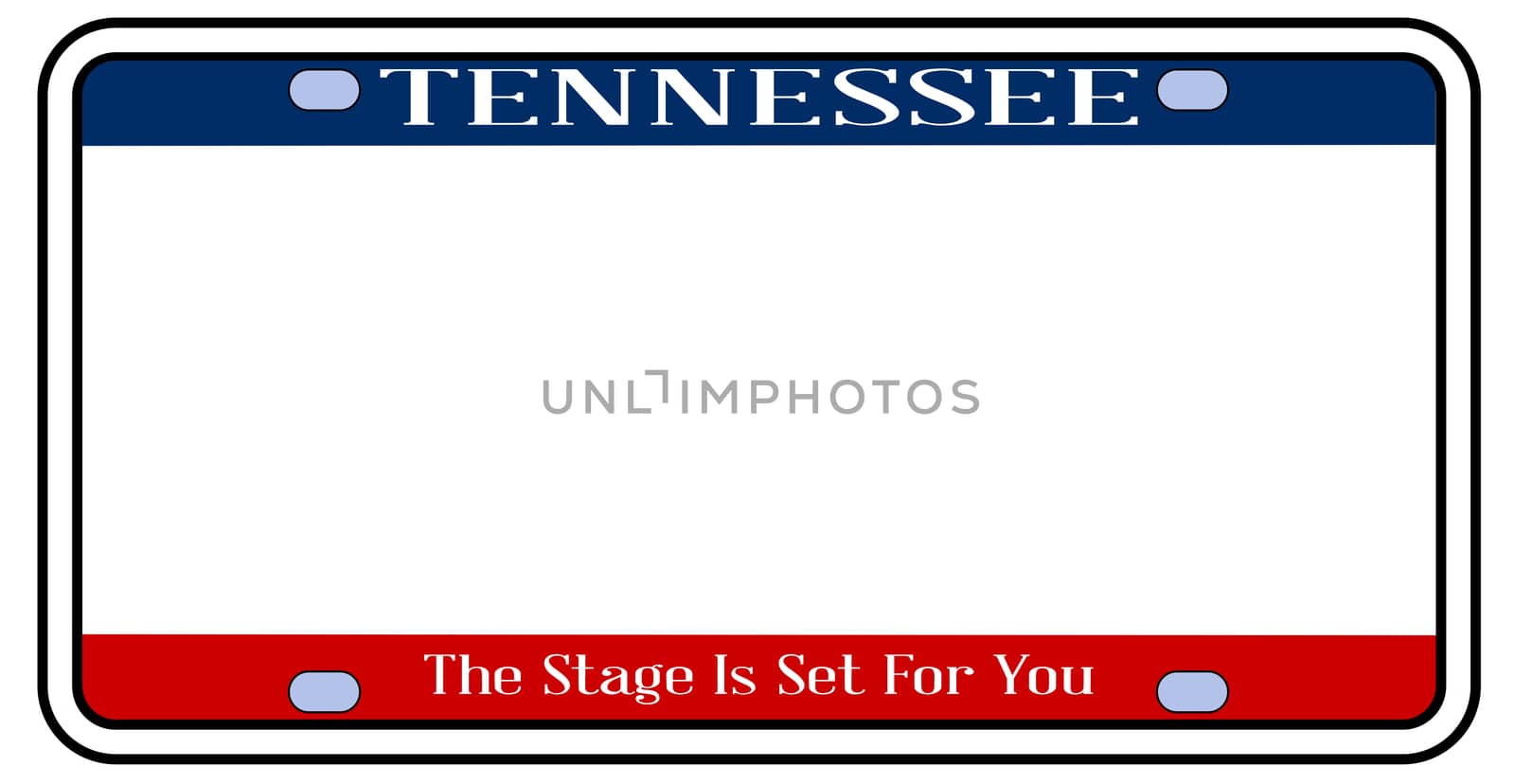 Blank Tennessee state license plate in the colors of the state flag over a white background
