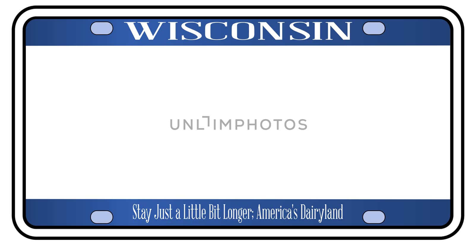 Blank Wisconsin state license plate in the colors of the state flag over a white background