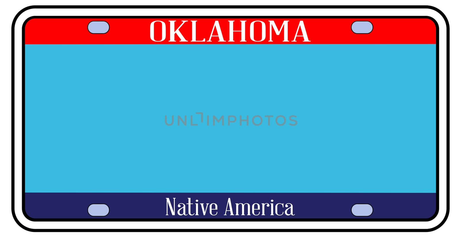 Blank Oklahoma state license plate in the colors of the state flag over a white background