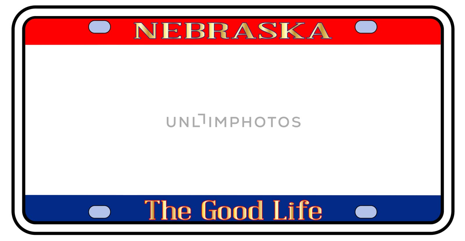 Blank Nebraska state license plate in the colors of the state flag over a white background