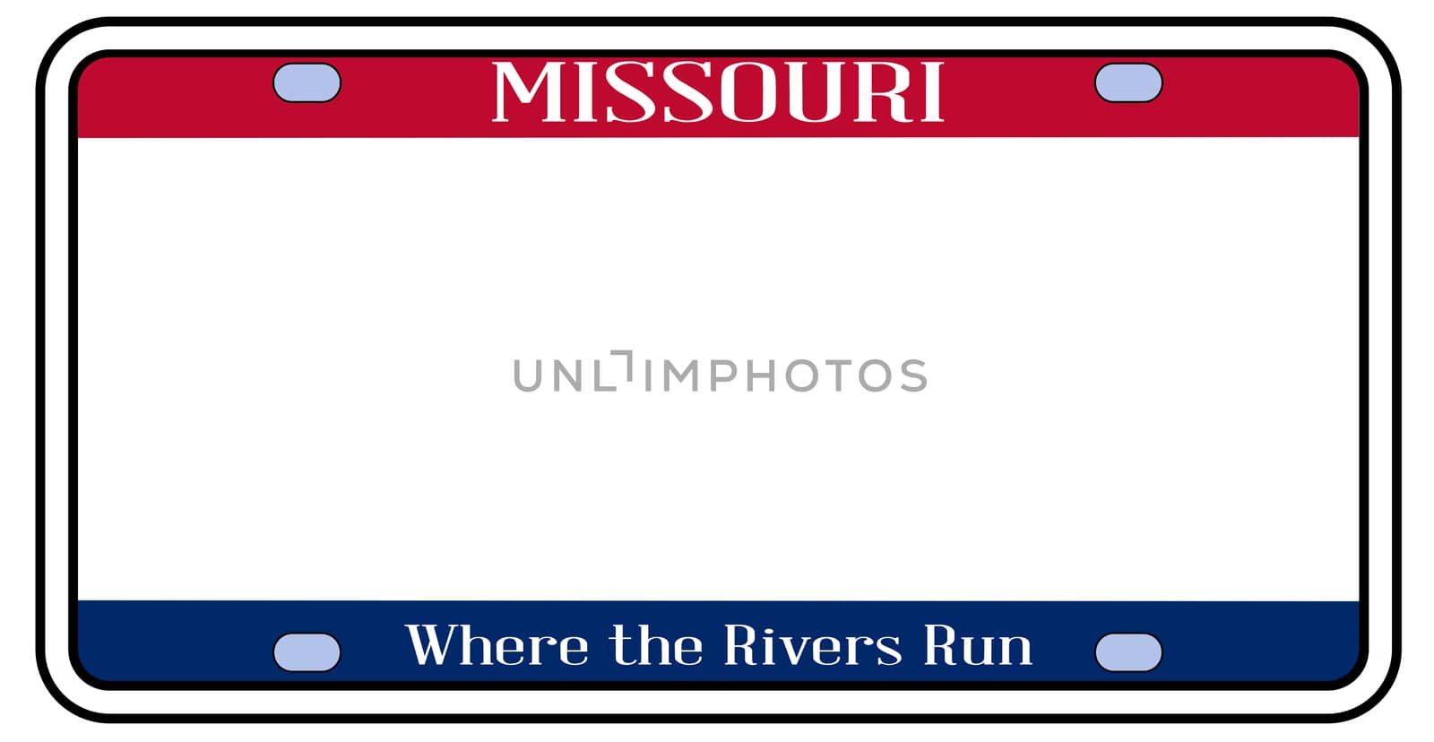 Blank Missouri state license plate in the colors of the state flag over a white background