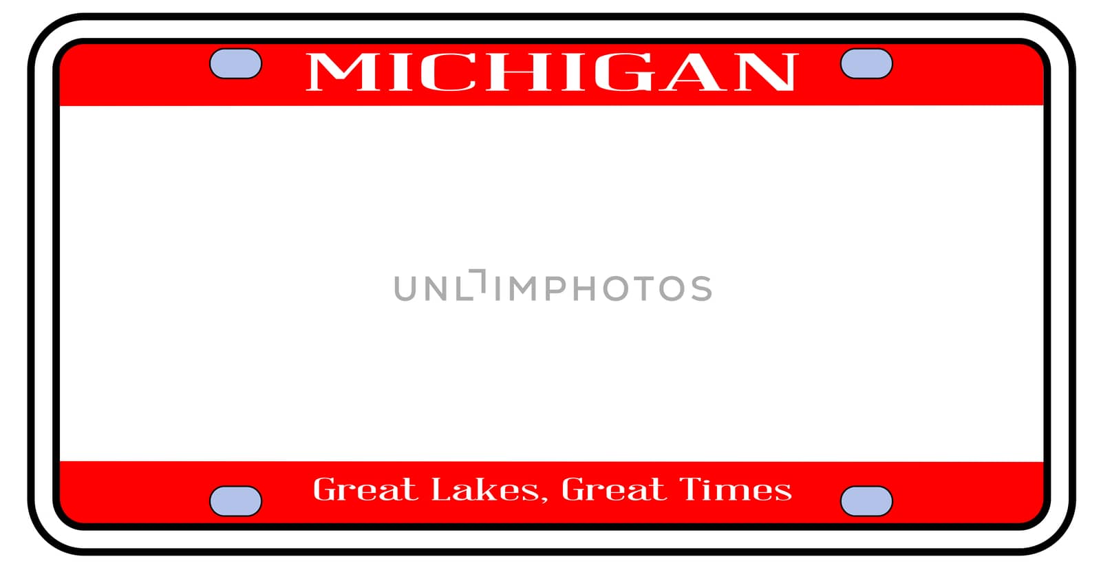 Michigan state license plate in the colors of the state flag over a white background
