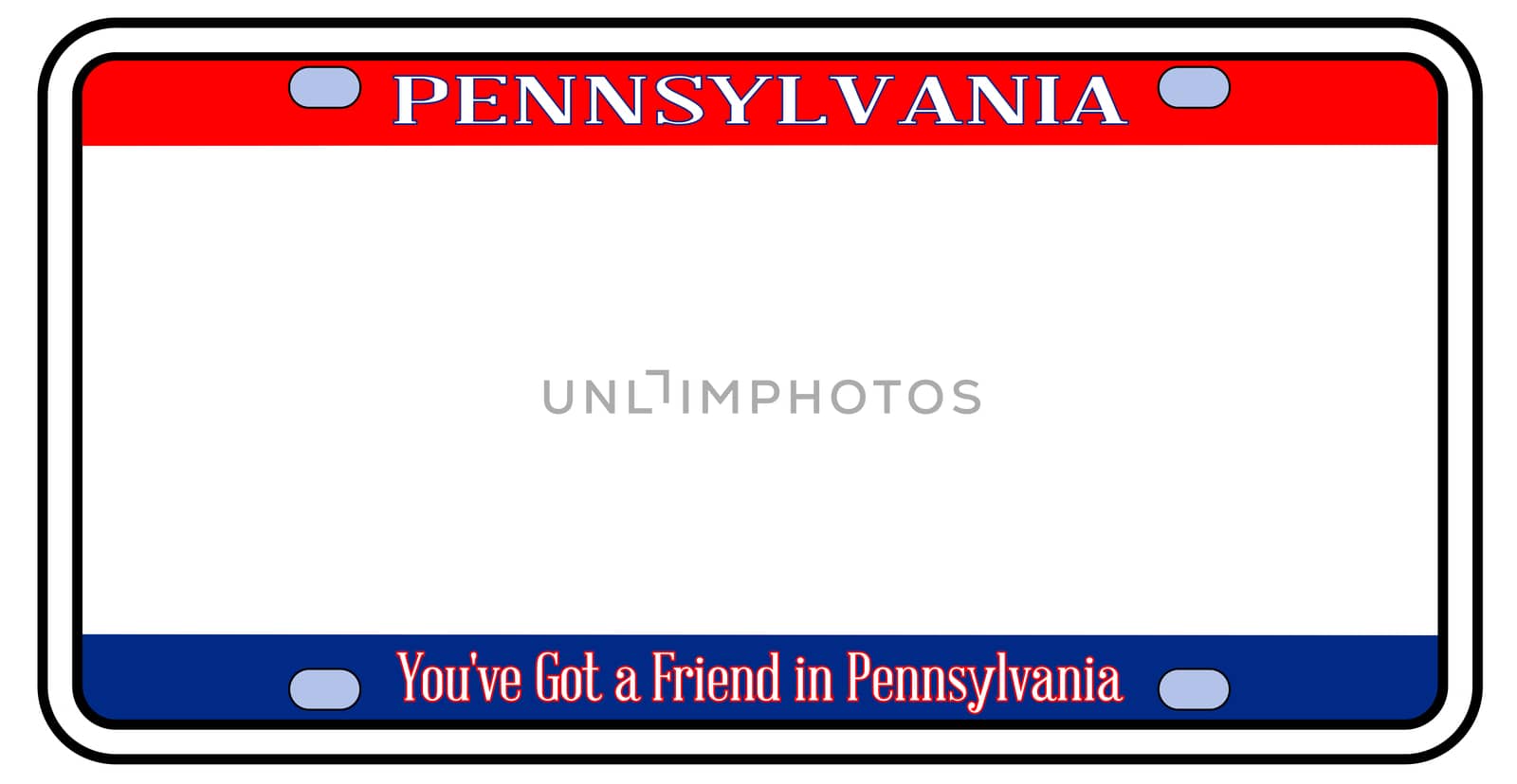 Blank Pennsylvania license plate in the colors of the state flag over a white background