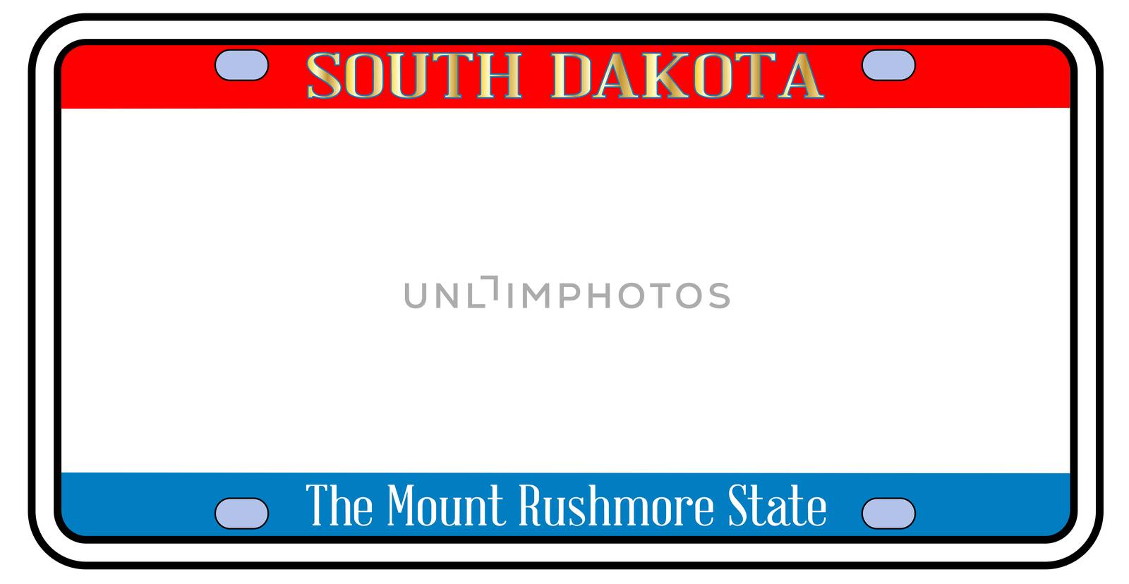 Blank South Dakota license plate in the colors of the state flag over a white background