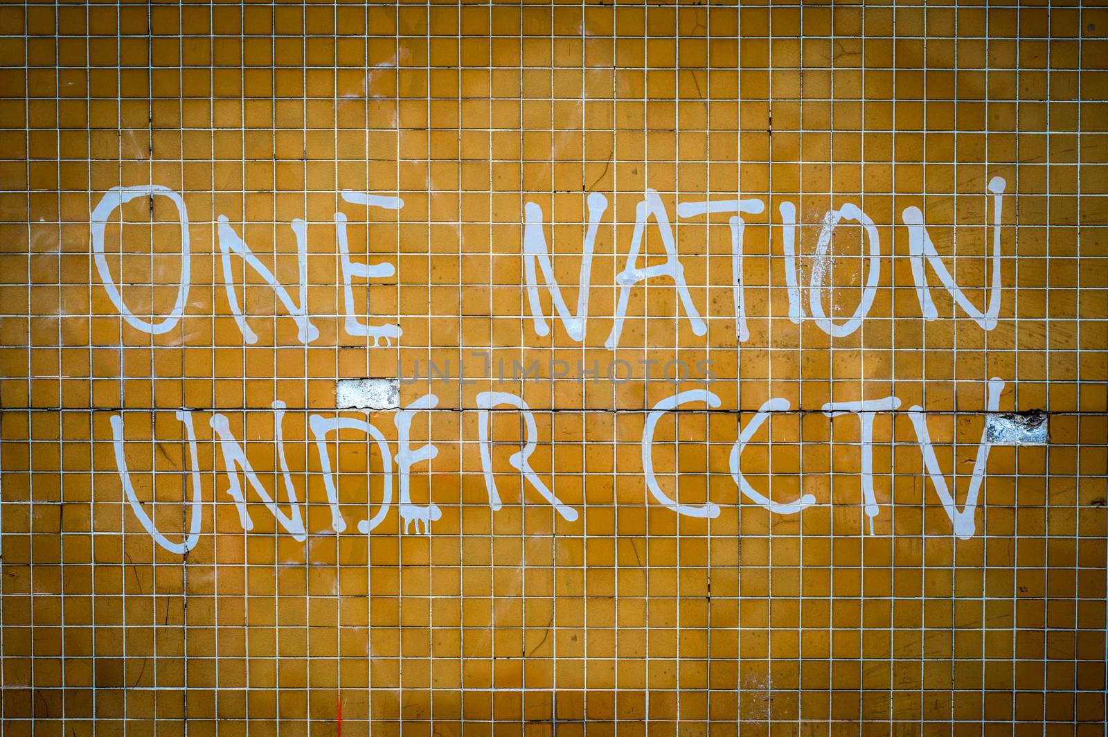 Grungy Graffiti On A Wall In The UK Saying One Nation Under CCTV