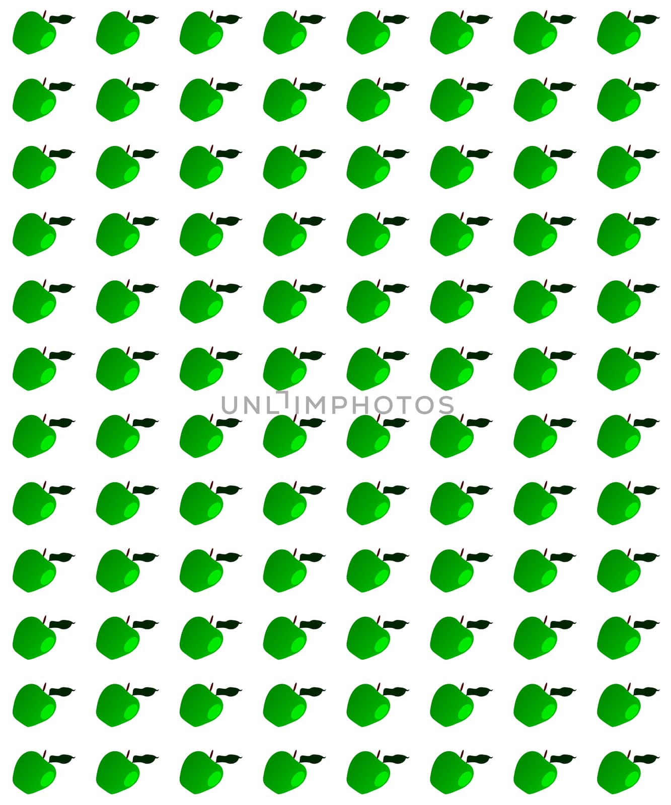 A page of green apples with stalks and leaves isolated on a white background