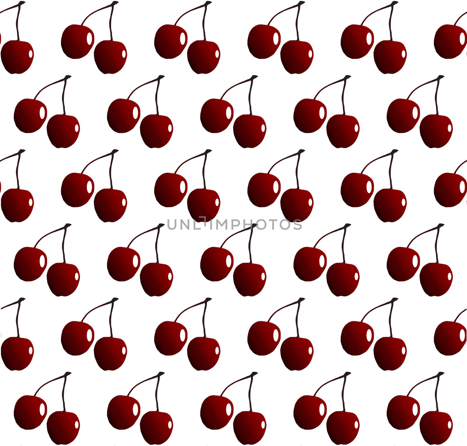 Two cheries with stalks in rows as a seamless pattern isolated on a white background