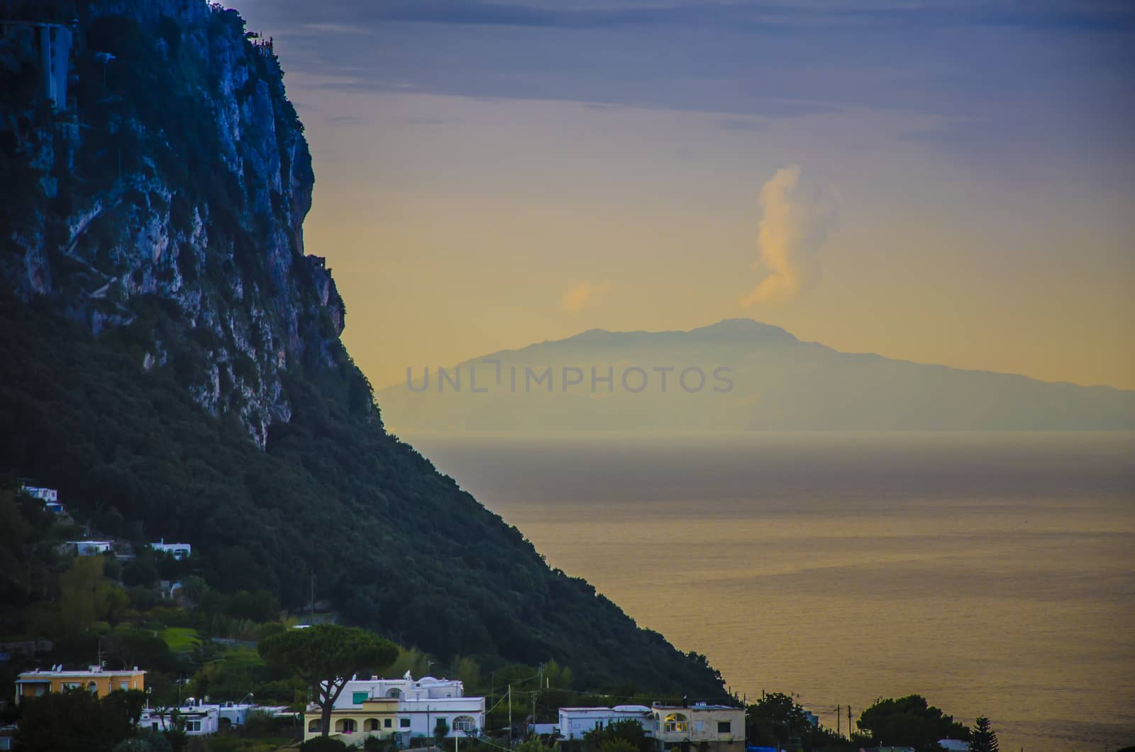 From the coast of capri you can see Vesuvius in the bay of Naples with some fumaroles