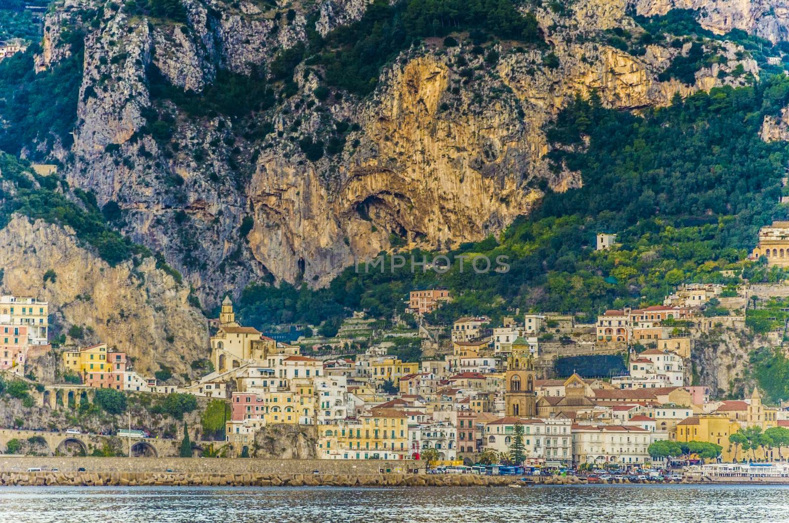 View from the sea of an Italian village on the Amalfi Coast, Positano.
