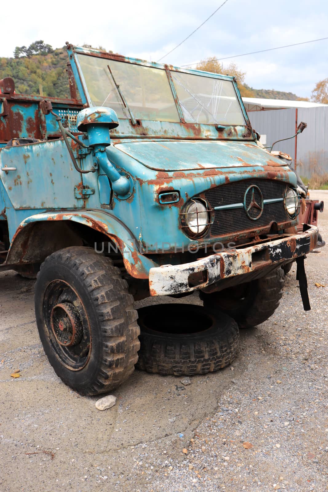 Rusty truck car cabin. Vintage aged vehicle. Weathered retro automobile. by sanches812