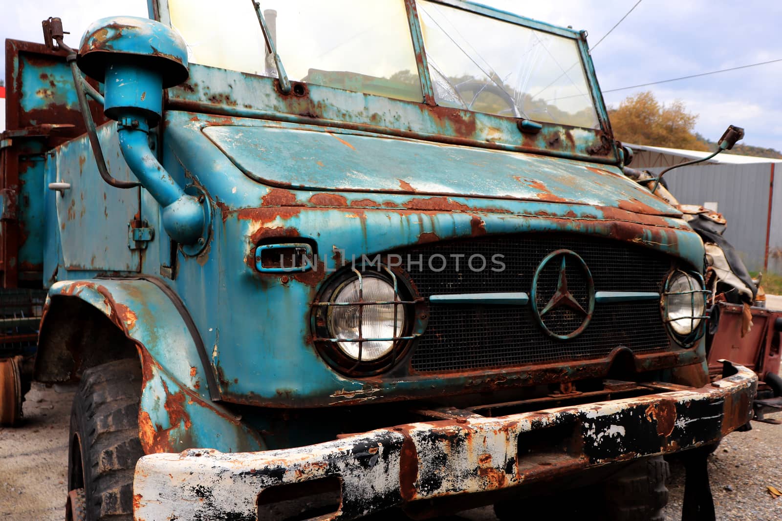 Rusty truck open cabin. Vintage aged vehicle. Weathered retro automobile. by sanches812