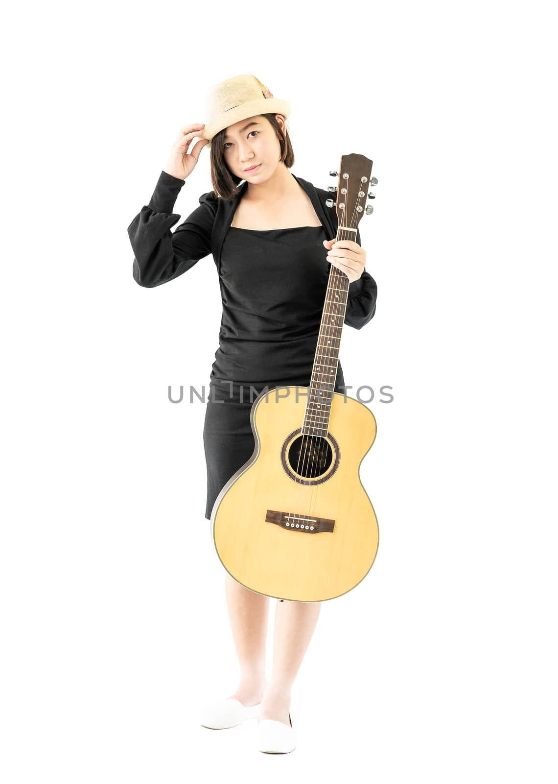 Woman hold guitar guitar folk song in her hand by stoonn