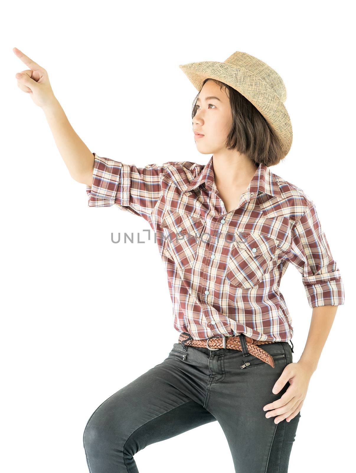 Young pretty woman in a cowboy hat and plaid shirt with isolated on white background