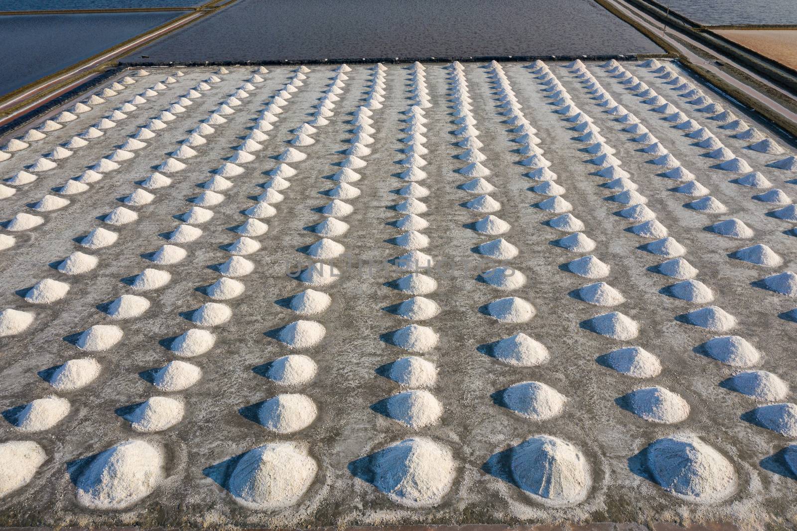 Aerial view of Salt in salt farm ready for harvest, Thailand.