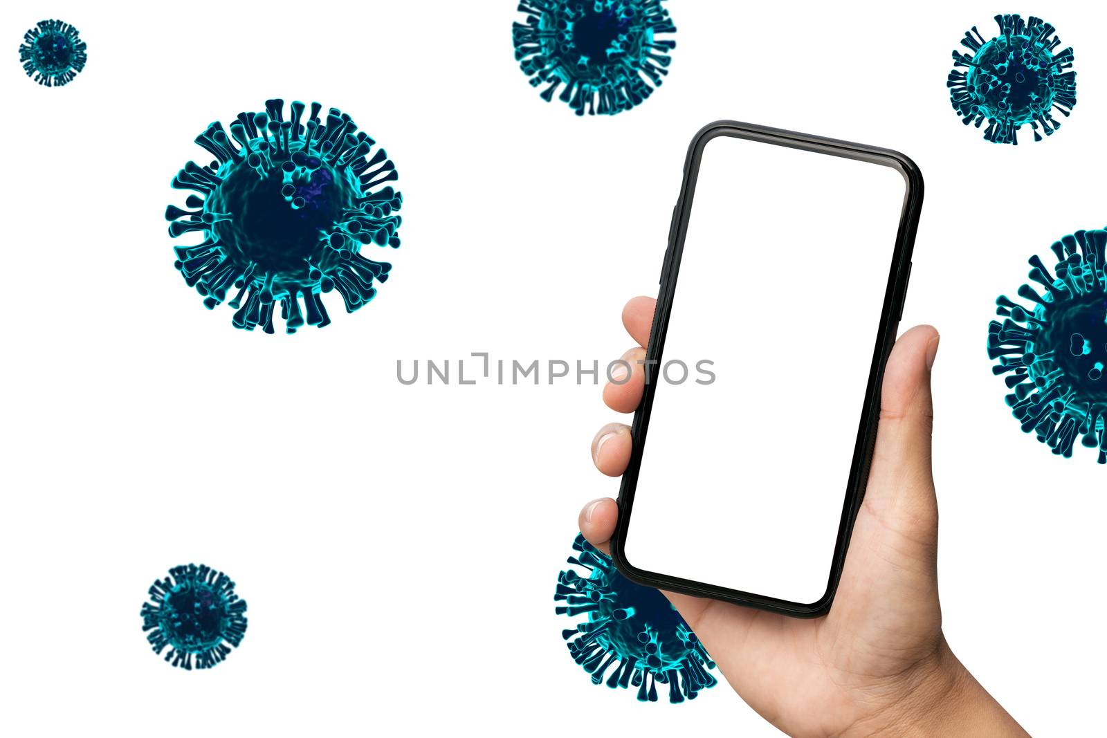 Hand holding smartphone and Covid-19, coronavirus, 3D virus render on background.