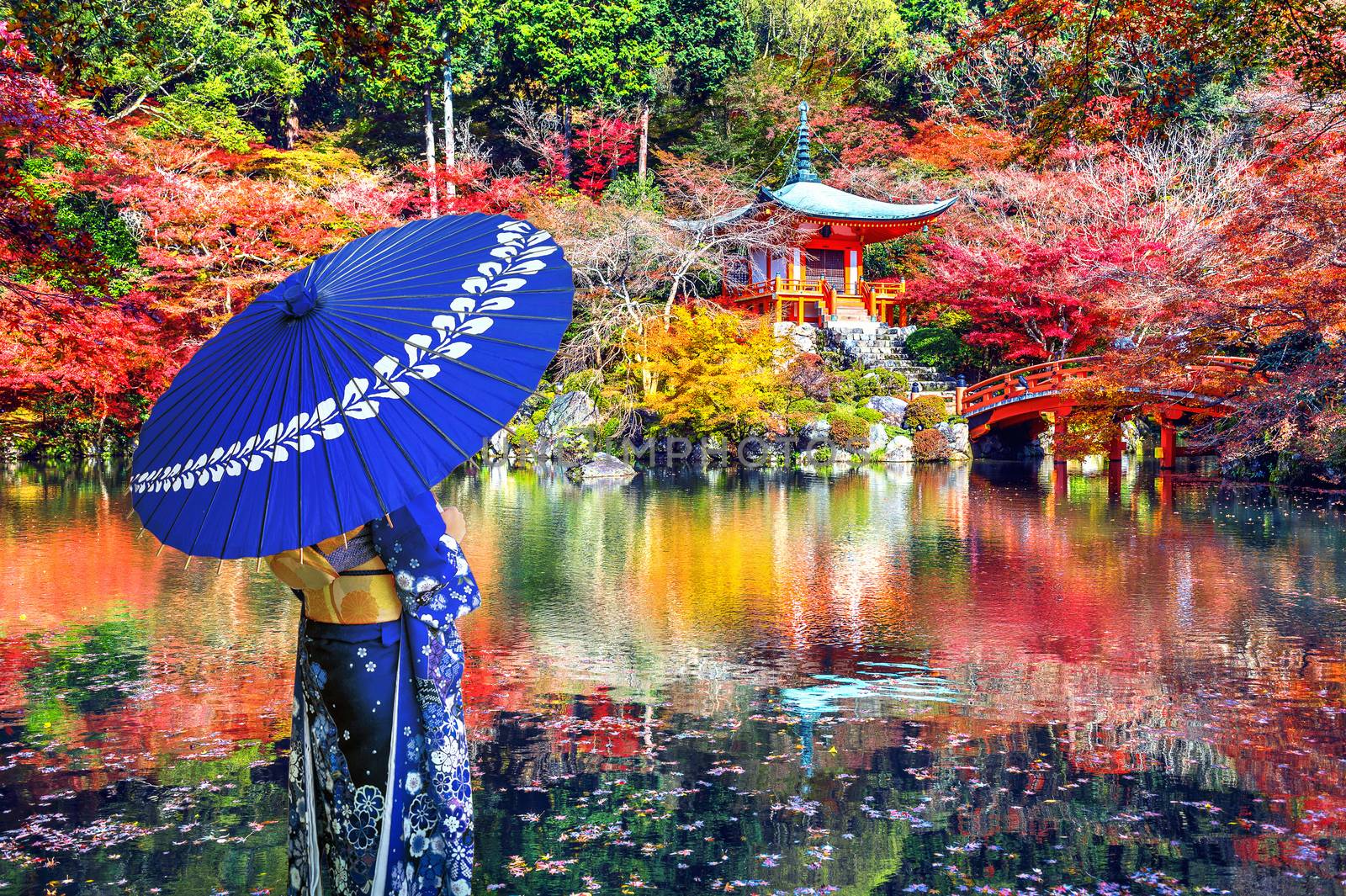 Asian woman wearing japanese traditional kimono in Daigoji temple, Kyoto. Japan autumn seasons. by gutarphotoghaphy