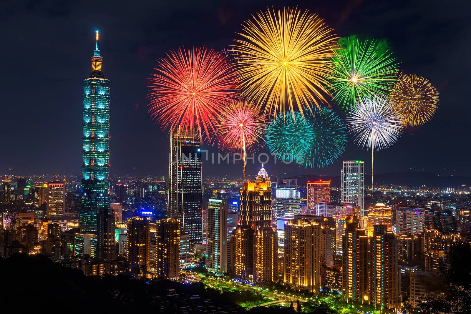 Fireworks festival at night in Taipei, Taiwan.