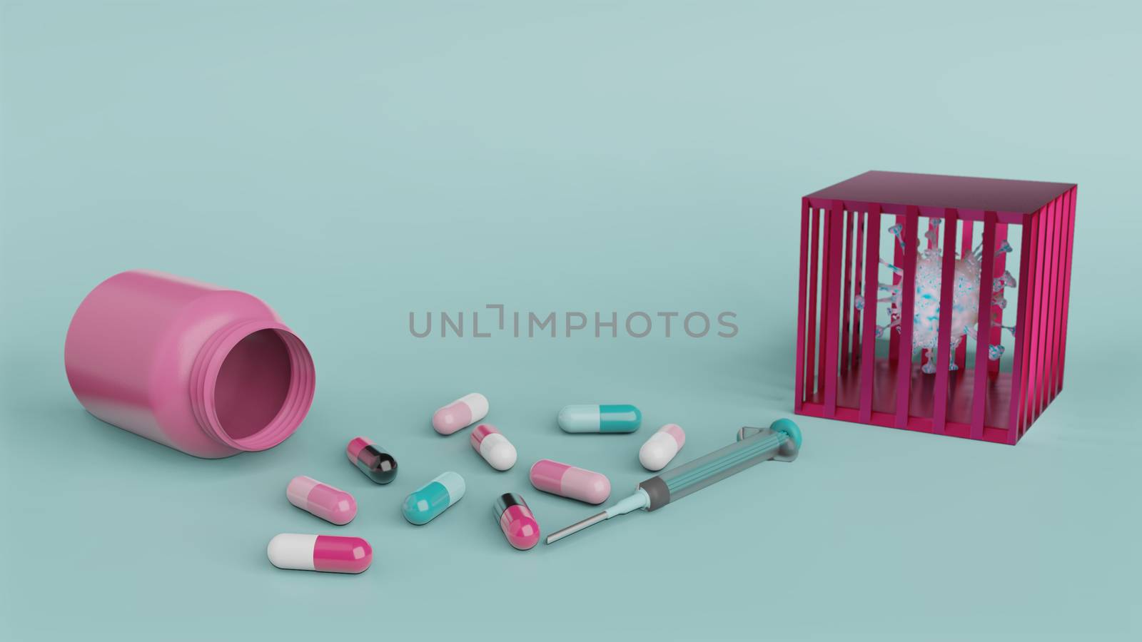 Syringe and medicine capsule with empty pink bottle and cell of covid 19 or corona virus in red cage on blue background with copy space 3D render. Healthcare and medical concept.