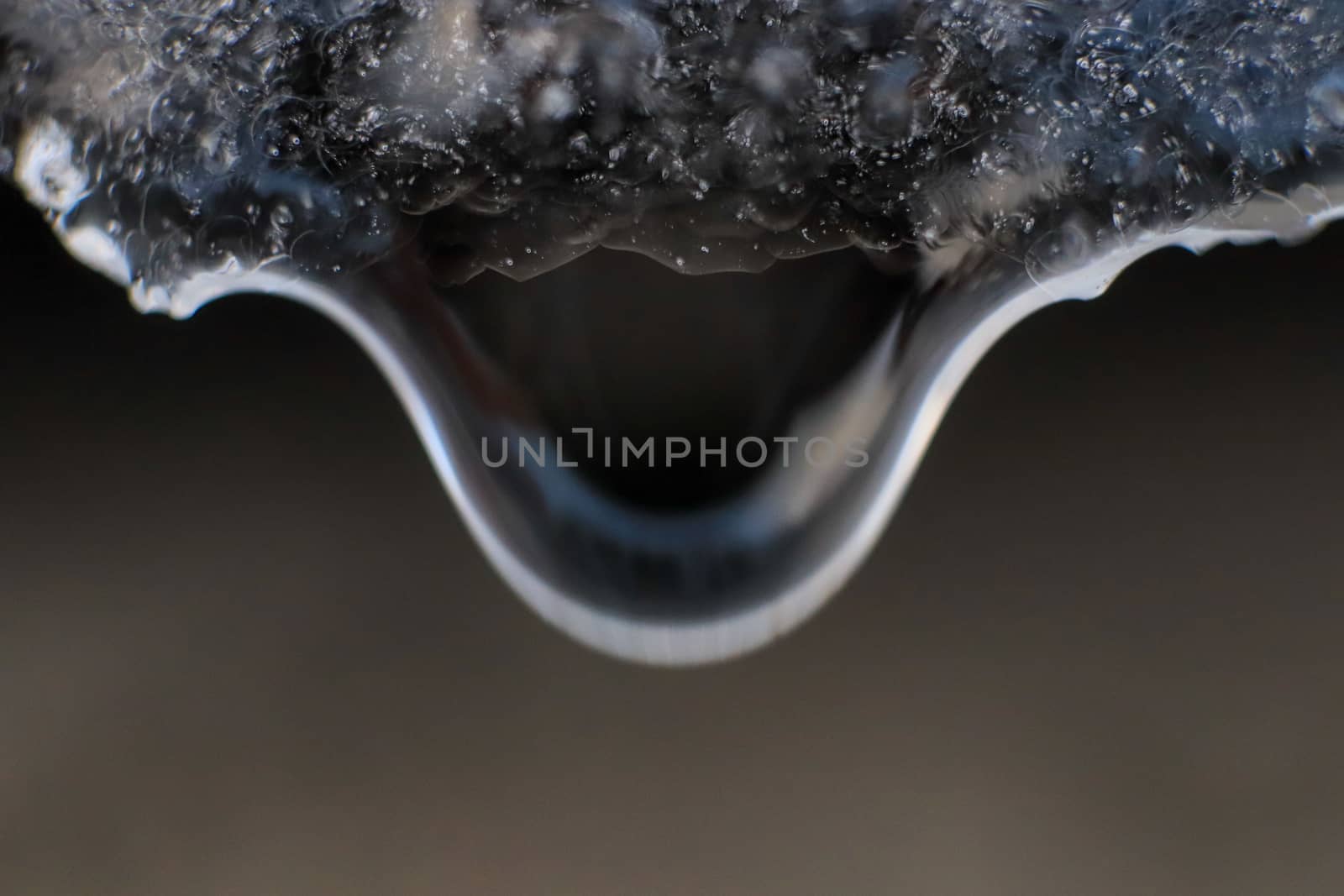 Cold clear rain drop with ice reflection inside. Handing down water drop from ice top. Macro closeup. by sanches812