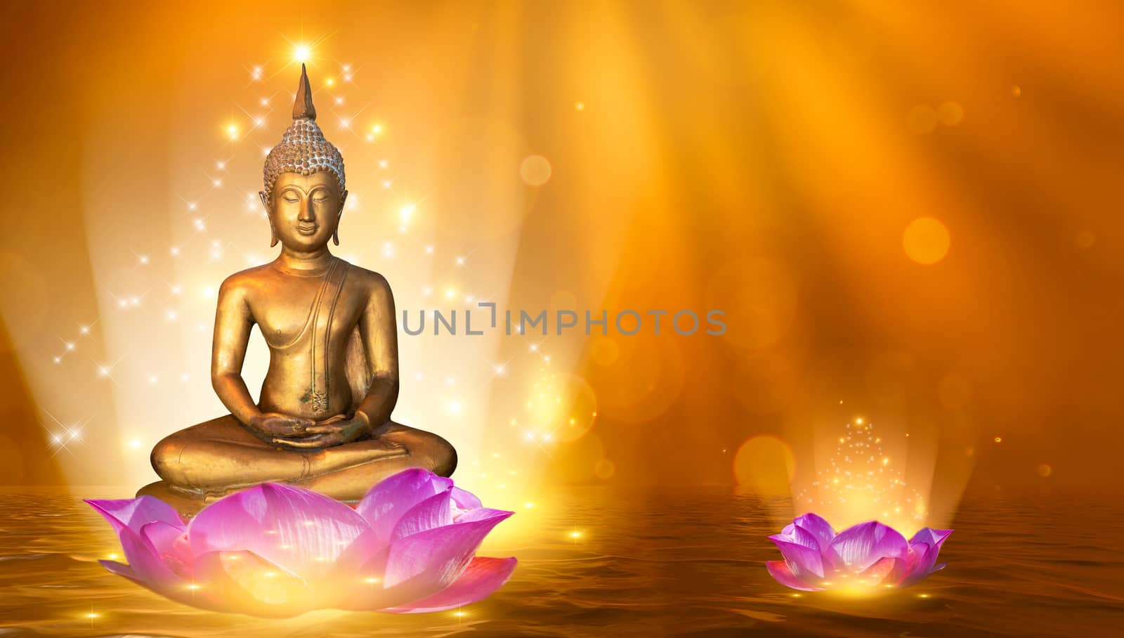 Buddha statue water lotus Buddha standing on lotus flower on orange background