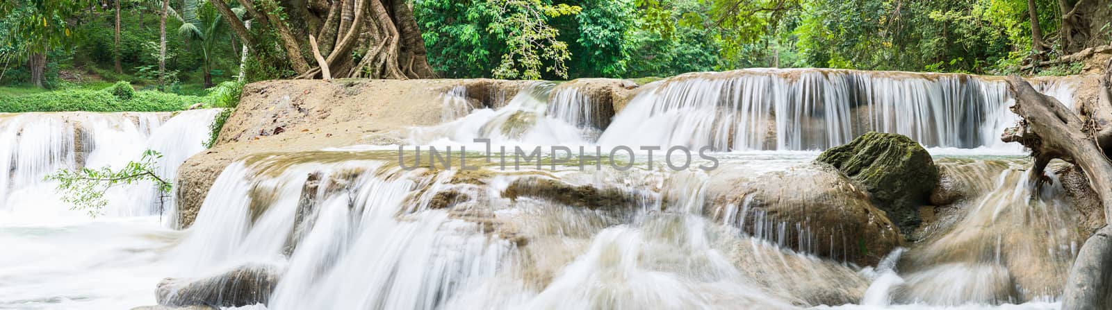 Panorama Waterfall in a forest on the mountain in tropical forest at Waterfall Chet Sao Noi in National park Saraburi province, Thailand