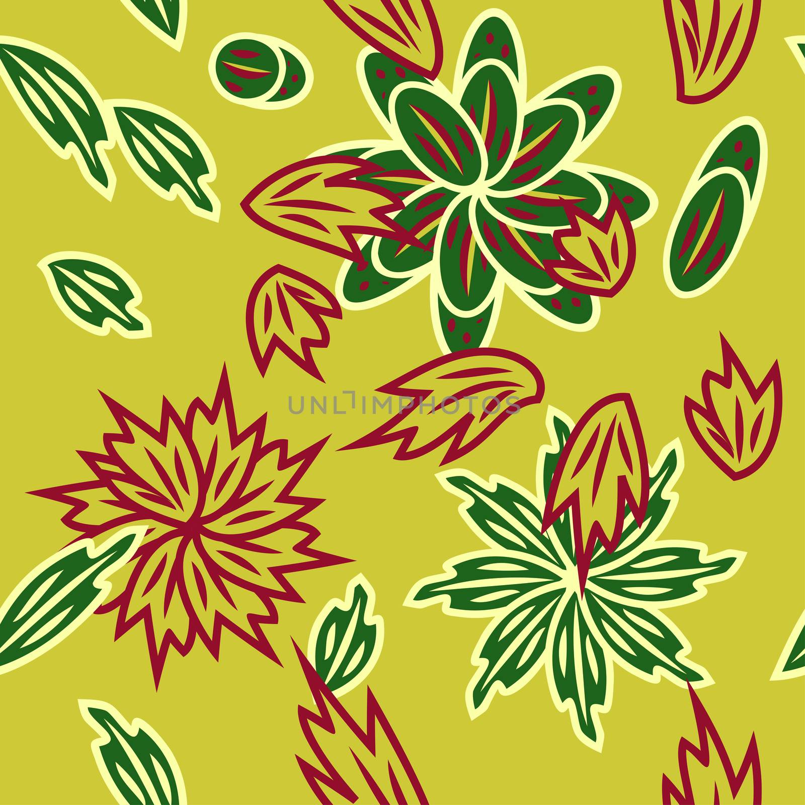 The seamless linocut style pattern with autumn leafs, tree, flowers and design elements. Hand drawn overlapping hygge scandinavian background. Textile, blog decoration, banner, poster, wrapping paper.