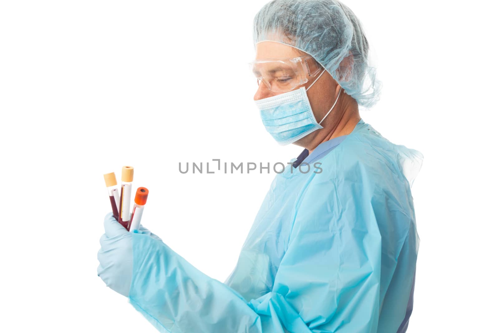 Nurse in hospital or laboratory pathologist holding blood collection tubes from a patient for diagnosis and analysis
