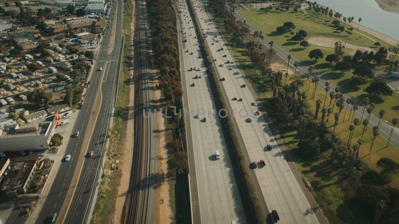 Aerial Flying over Freeway in California. Highway aerial View.