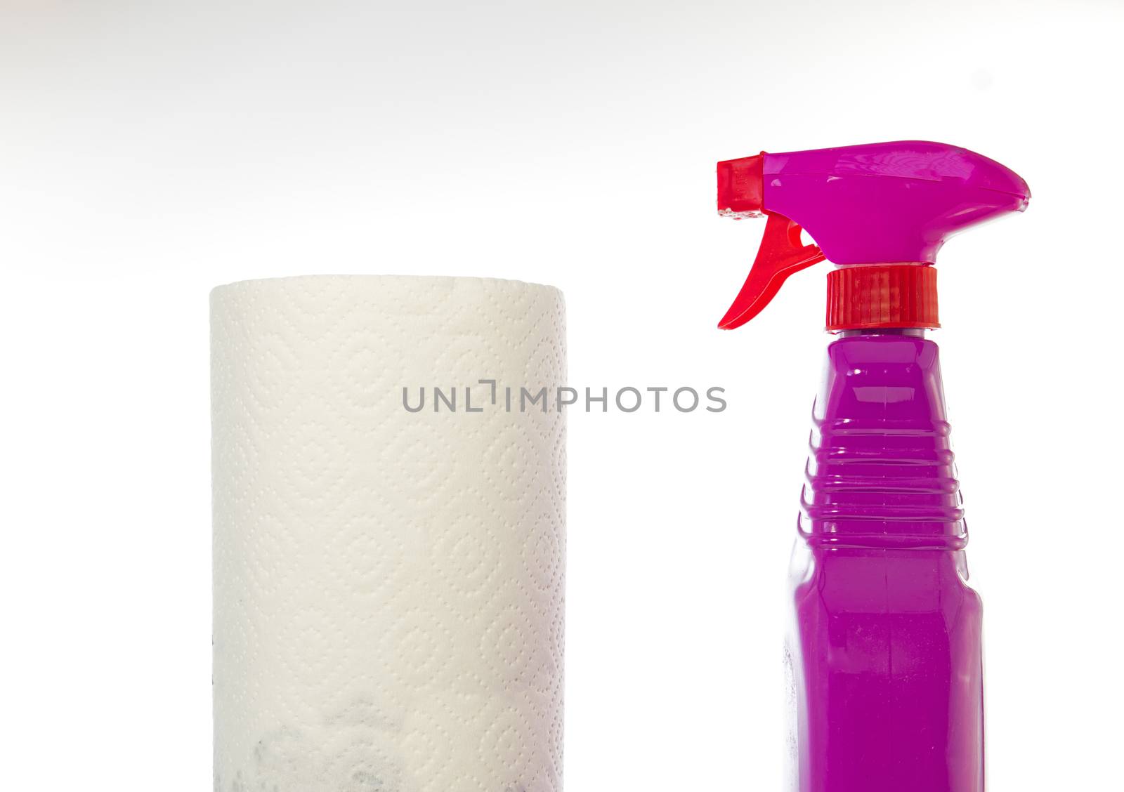Cleaning supplies on white background like paper roll and ink spray