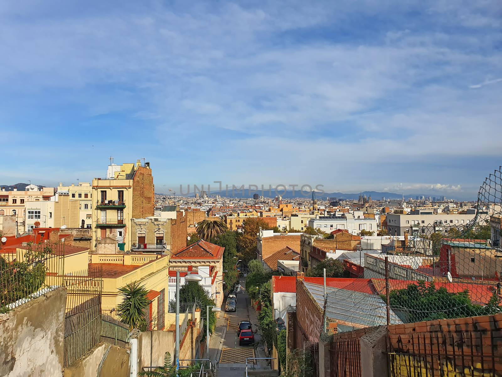 Aerial view of Barcelona in a sunny day, skyline panorama