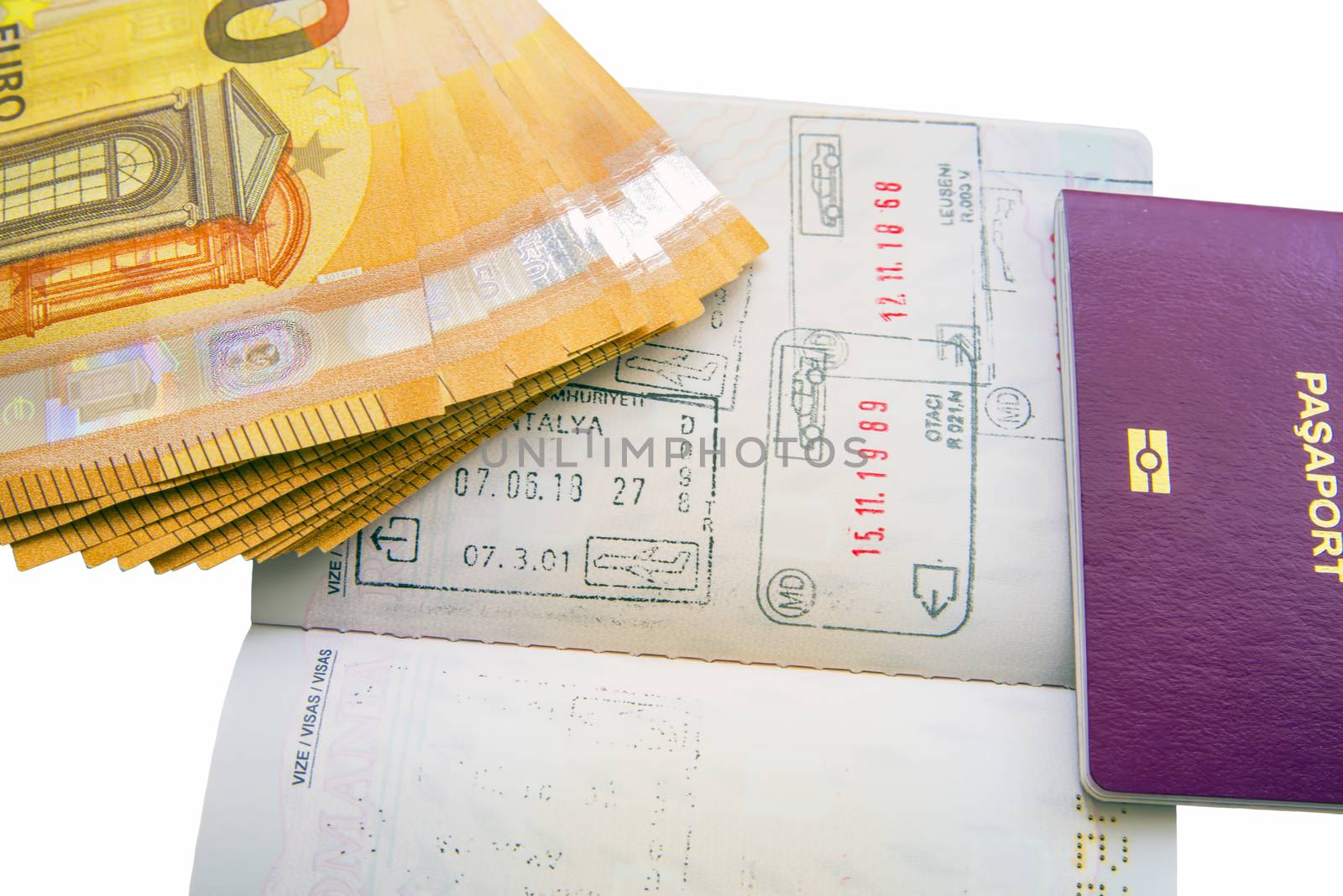 Euro banknotes and passport visa by savcoco
