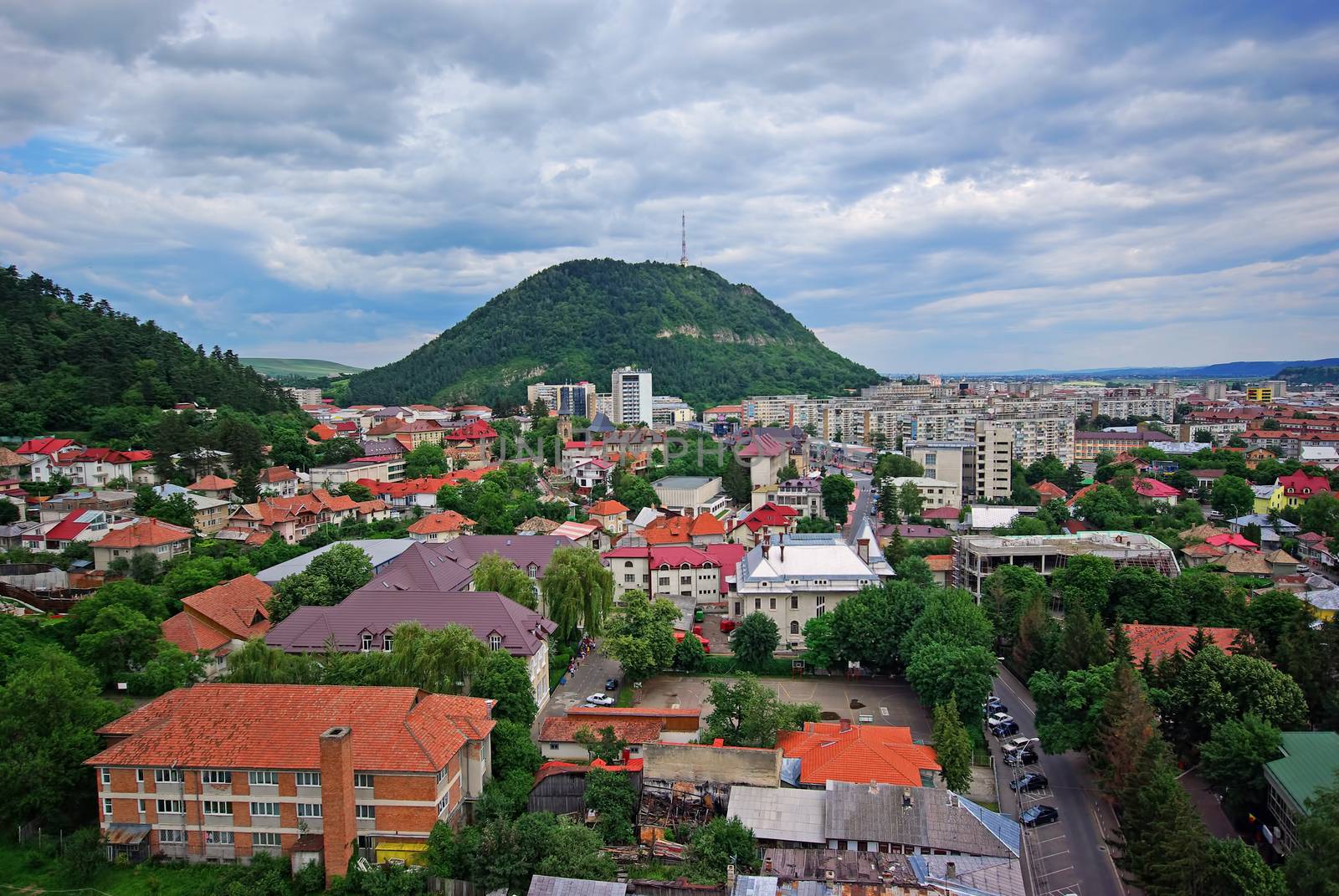 Aerial view of green city, Piatra Neamt in Romania, summer landscape