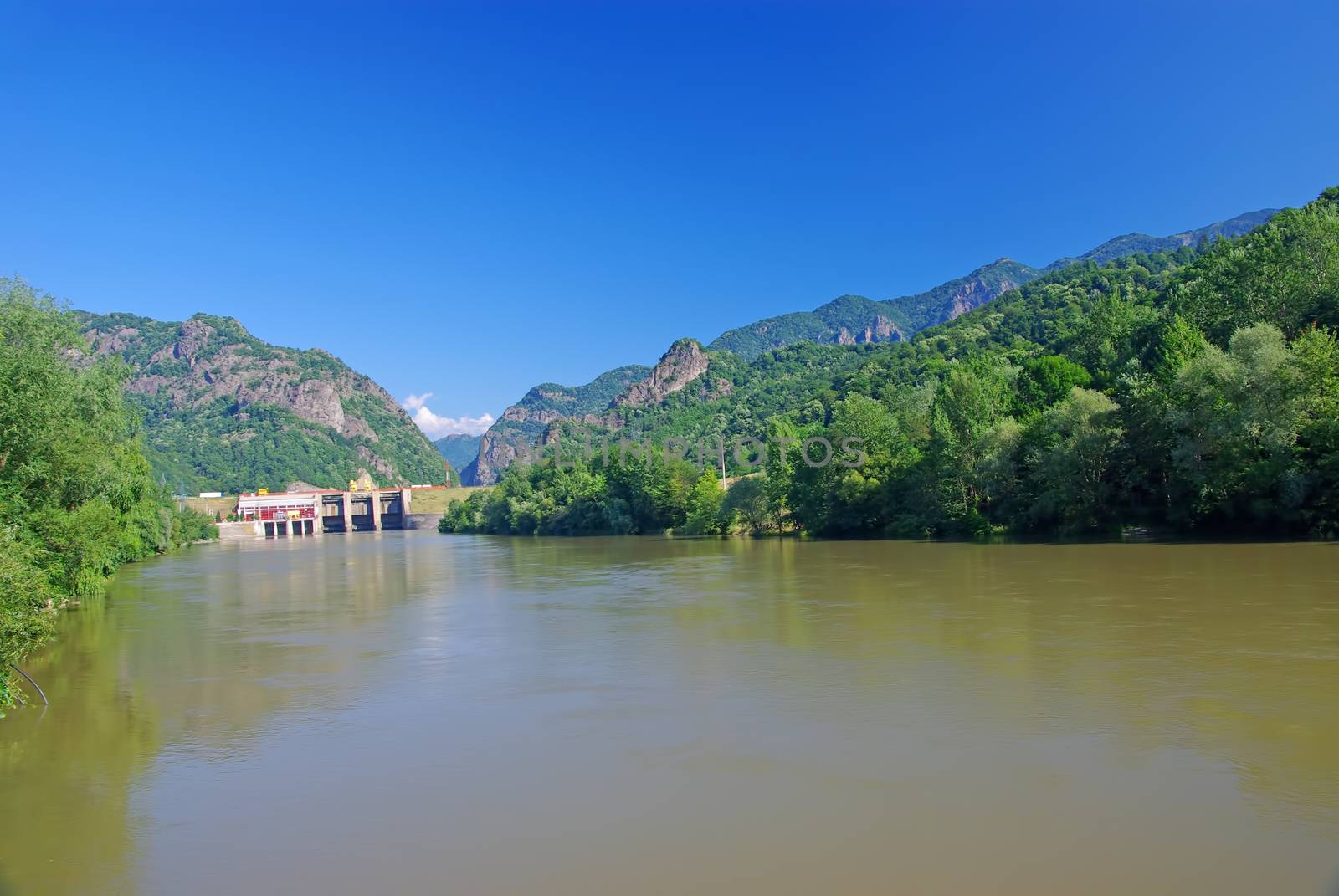 Olt river dam at Cozia and Cozia National Park in Romanian Carpathians