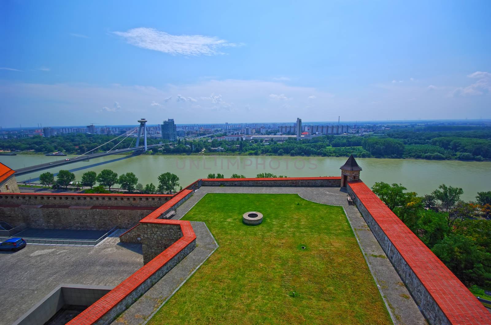 Danube river with UFO bridge and aerial Bratislava, summer landscape