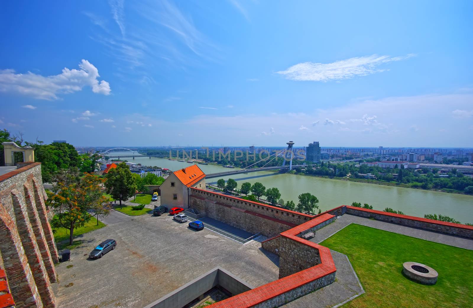 Danube river landscape and aerial city, summer landscape in Bratislava