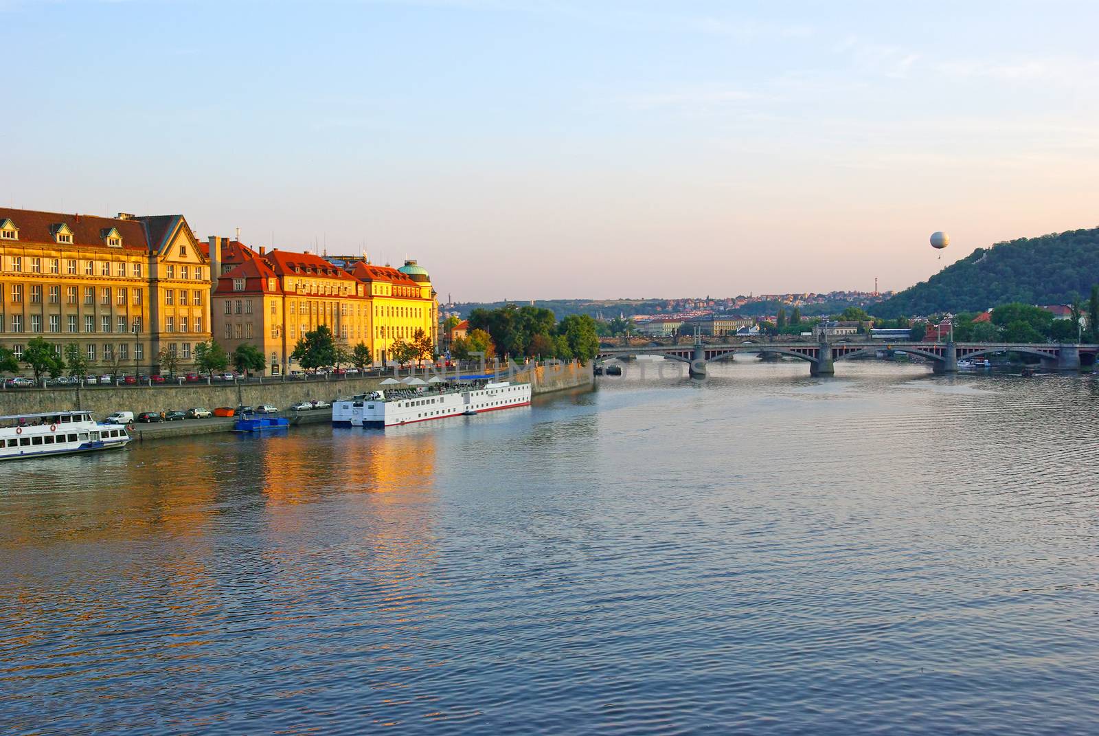 Vltava river viewed from Cech bridge in Prague, summer landscape